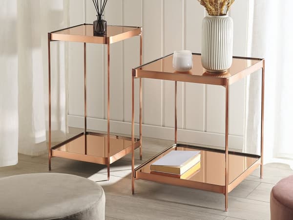 Sidobord Koppar Härdat Glas Metallben med hylla Blank Glam