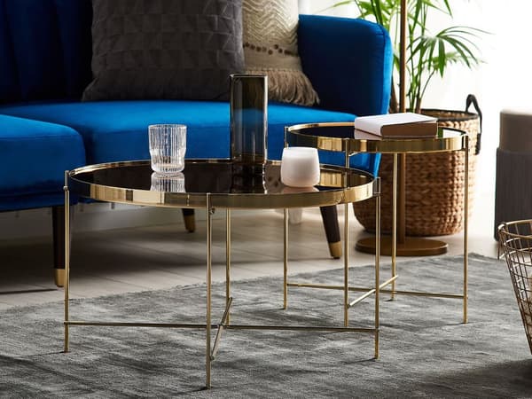 Soffbord Guldbrun Skiva av härdat glas Metall Rund Glam Glänsande