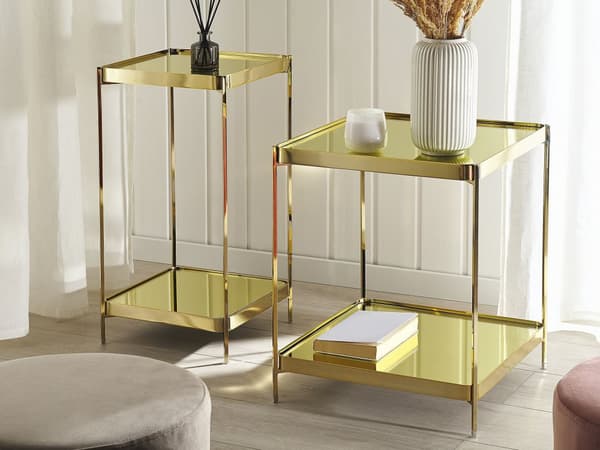 Sidobord Guld Härdat Glas Metallben med hylla Blank Glam