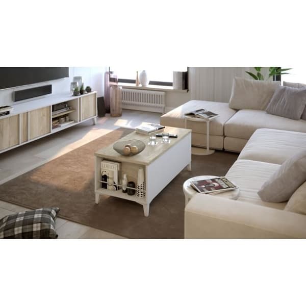 Soffbord med hissskiva - Ek och vit dekor - L 100 x D 50/72 x H 42/55 cm