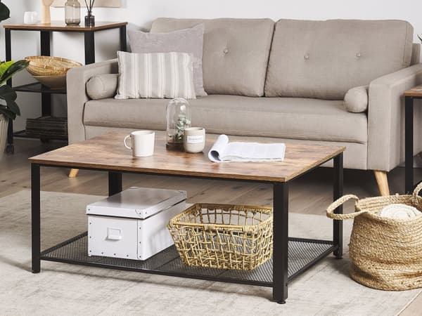Sofabord Mørkt Træ Bordplade Metal Sort Stel Industriel Hylde Rektangulær 106 x 60 cm