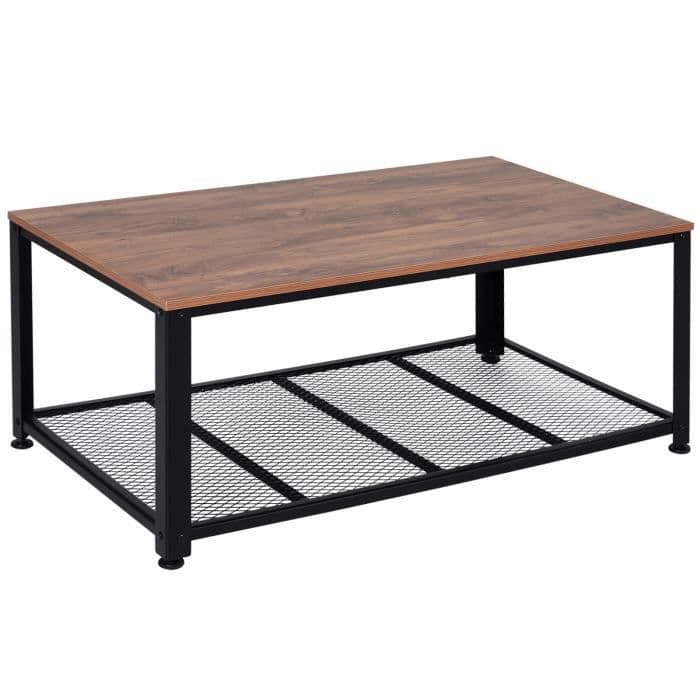 rektangulärt soffbord tappning industriell stil med hylla svart metallpartiklar imitation träpaneler 106x60x45cm Brun