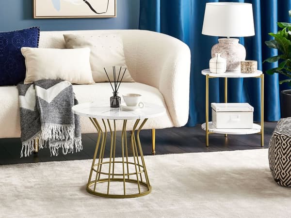 Sofabord Hvidt med guld MDF-jern ⌀ 50 cm Marmoreffekt Top Metalbund Åbent stel Glamourstil