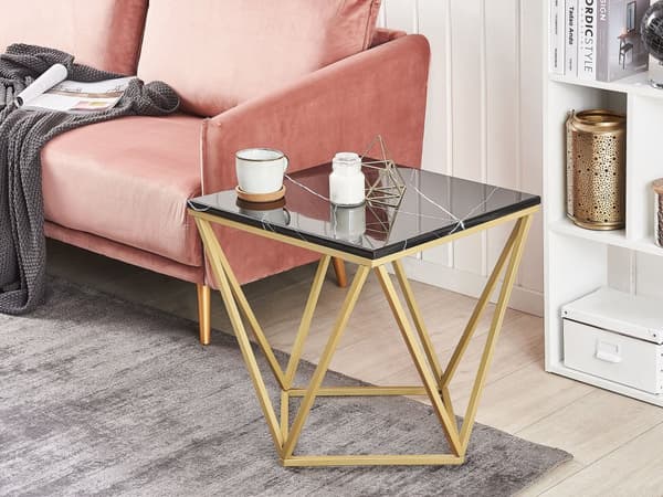Sivupöytä musta MDF-levy kulta metalli 50 x 50 x 50 cm marmorikuvio neliö moderni glamour tyyli