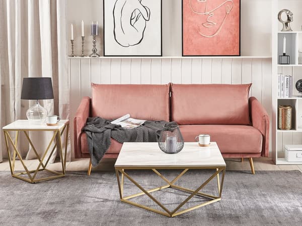 Sidebord Beige Guld Metal MDF 50 x 50 x 50 cm Firkantet Dekorativ Marmor Hjørnebord til Stuen Glamour Moderne stil Inspiration Lampebord