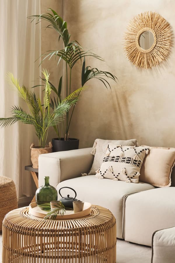 Sofabord Beige Lyst Rattan Træ Natur 84 x 40 cm Dekorativ Stor Rund Rummelig Stue Bord til Have Terrasse Boho Inspiration Design