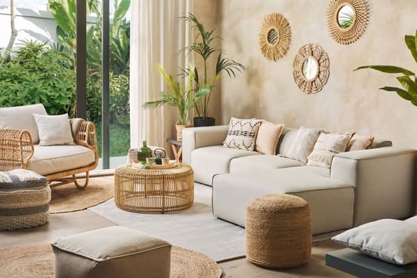 Sofabord Beige Lyst Rattan Træ Natur 84 x 40 cm Dekorativ Stor Rund Rummelig Stue Bord til Have Terrasse Boho Inspiration Design