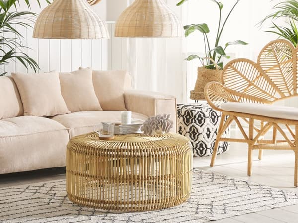 Sofabord Beige Lyst Rattan Træ Natur 84 x 40 cm Dekorativ Stor Rund Rummelig Stue Bord til Have Terrasse Boho Inspiration Design