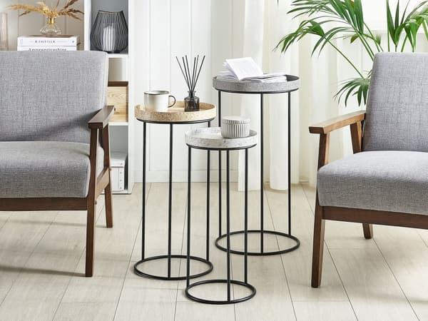 Sæt med 3 Sideborde Sort Metalstel Gennembrudt Base Marmoreffekt Grå Beige Hvid Top