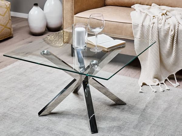 Sofabord Sølv Glas 70 x 70 cm Blanke Metalben Moderne Firkantet Stue Soveværelse