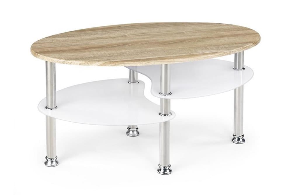 BIELKA Soffbord 90 cm Ovalt med Förvaring Hylla Vit/Ekfärg