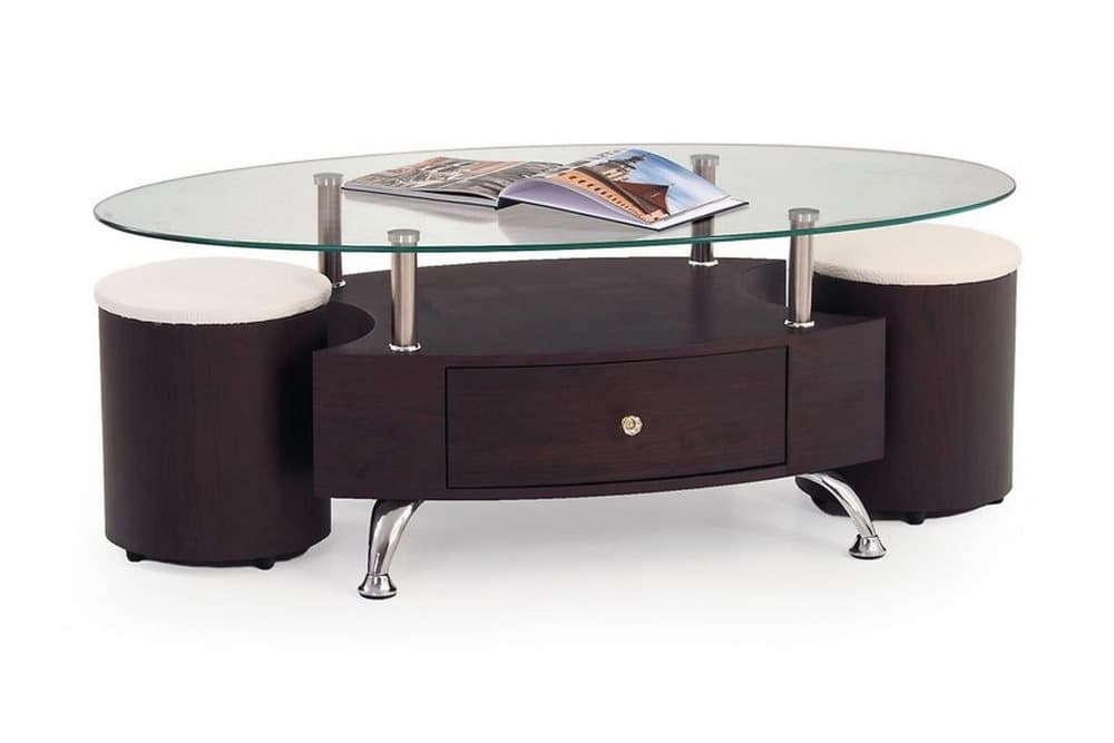 FELICO Soffbord Pallar 120cm Oval Förvaring Hylla+Låda Glas/
