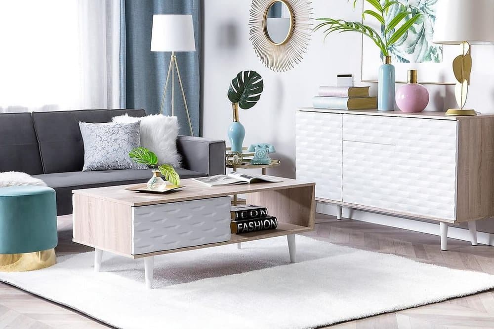 SWANAGE Soffbord 120 cm med Förvaring Skåp + Hylla Ljusbrun/