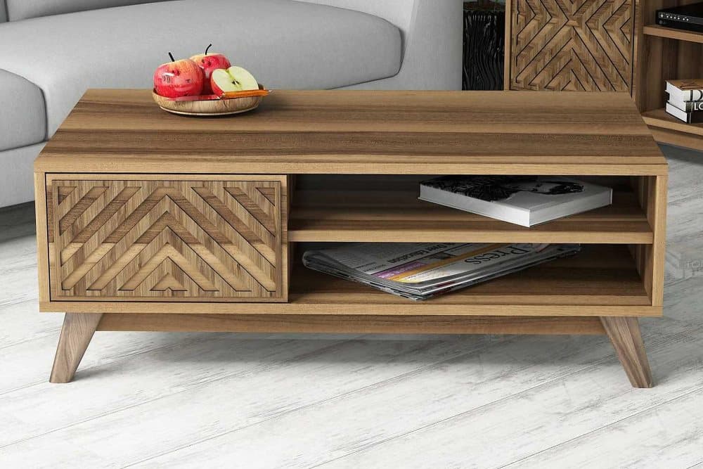 VARRED Soffbord 105 cm med Skåp + 2 Hyllor Linjer Valnötsbru