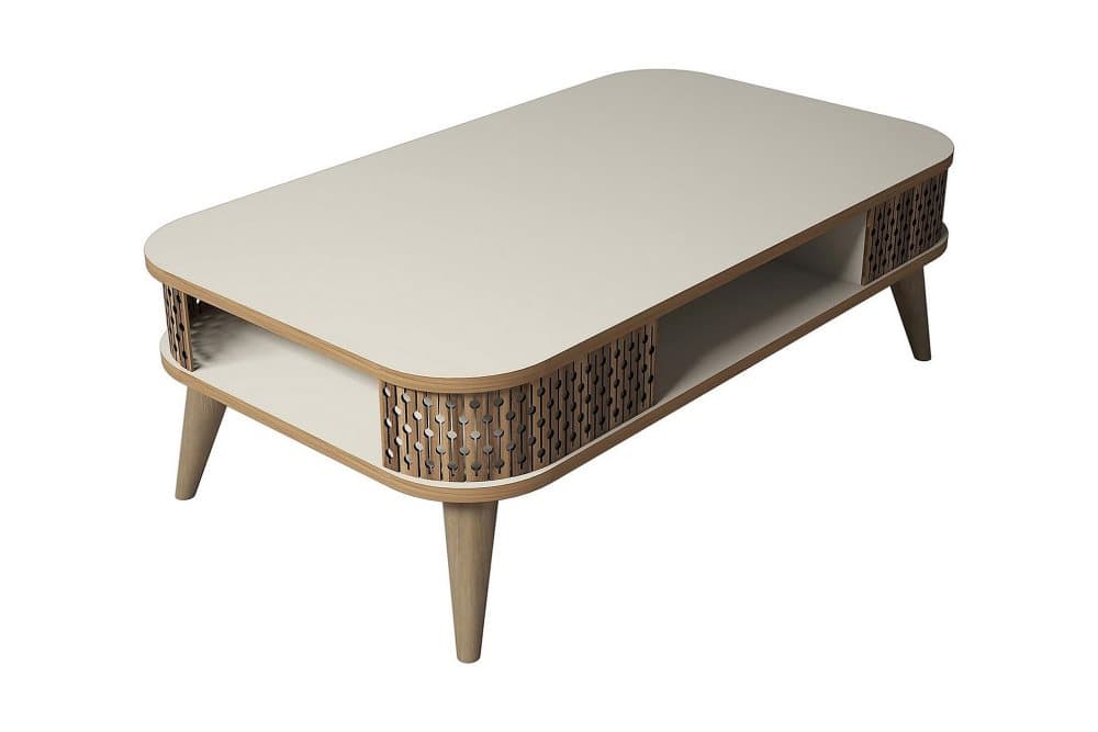 VARRED Soffbord 105 cm med Förvaring Hylla Runda Hörn Vit/Br