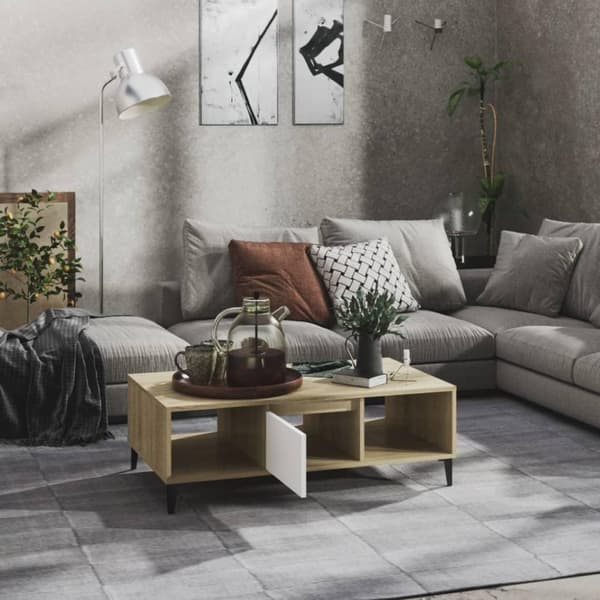 vidaXL sofabord 103,5x60x35 cm spånplade hvid og sonoma-eg