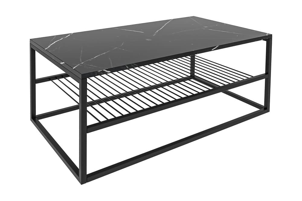 HISAR Soffbord 95 cm Marmormönster med Förvaring Hylla Svart