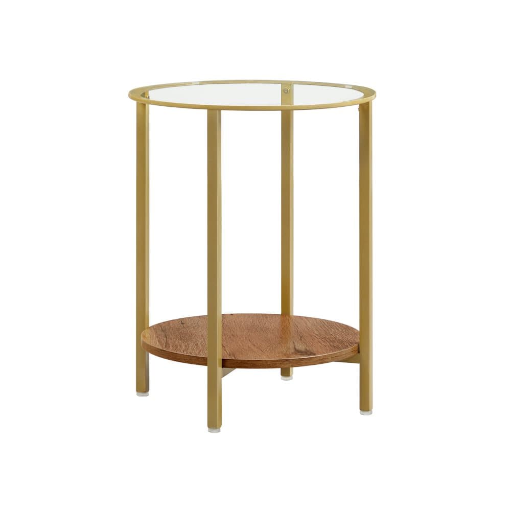 Segenns sidobord - Soffbord - Runt med 2 hyllplan - Tillverkat av glas - Hasselnöt-Guld