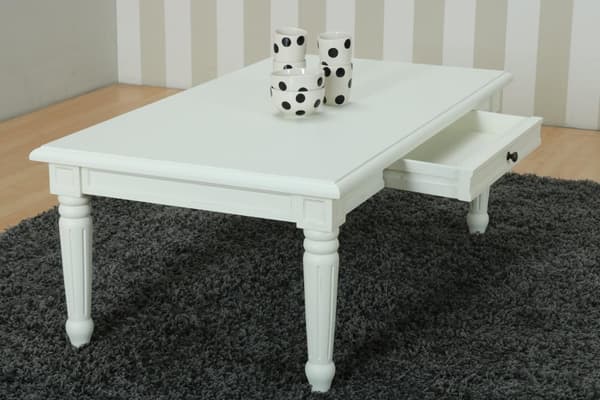 Amaretta sofabord med 2 skuffer, antik hvid, antik patineret.