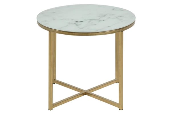 Almaz sidobord Ø 50 cm glasskiva med marmortryck och underrede i guldfärgad krom.