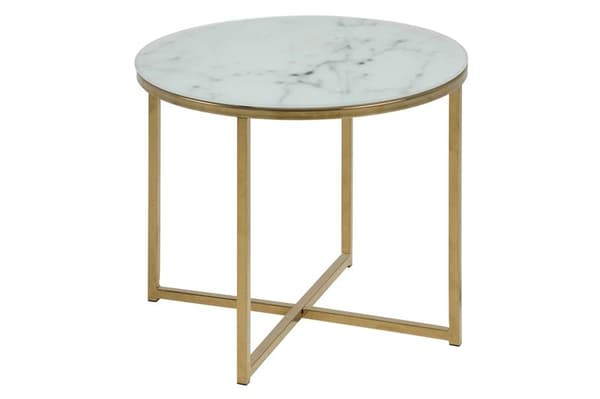 Almaz hjørnebord Ø 50 cm i glas med marmor print og stel i gylden chrome.
