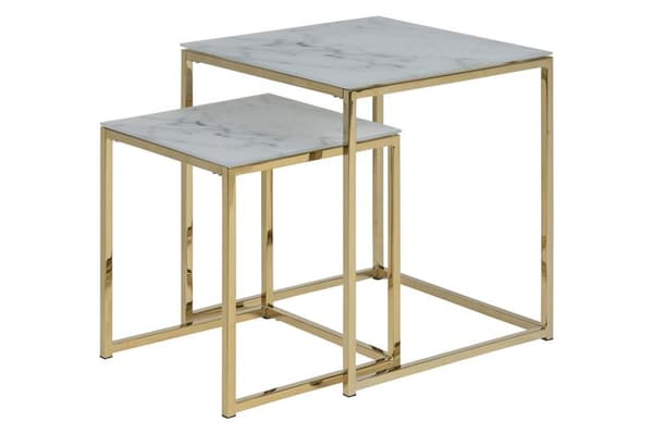 Almaz indskudsborde 2 stk. i glas med marmor print i hvid og ben i gylden chrome.