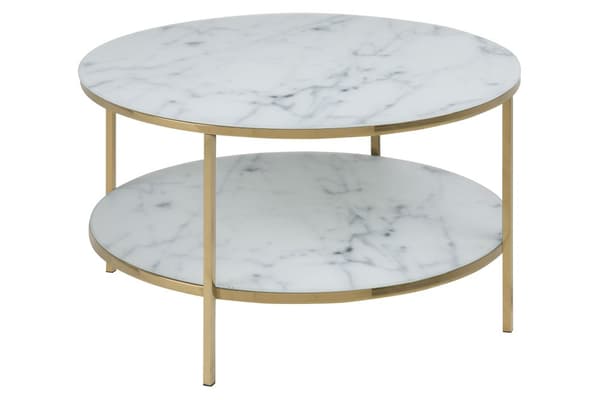 Almaz sofabord Ø80 cm hvid marmor print, gylden krom.