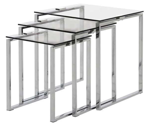 Sofabord Kamma som 3 innskudsbord i glass og krom.