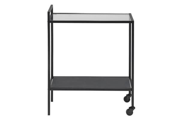 Sea hjørnebord som rullebord i klar glass og svart metall.