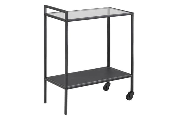 Sea hjørnebord som rullebord i klar glass og svart metall.
