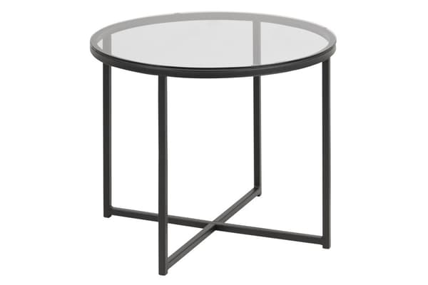 Cape  hjørnebord Ø55cm røykfarget glass og metall matt svart.
