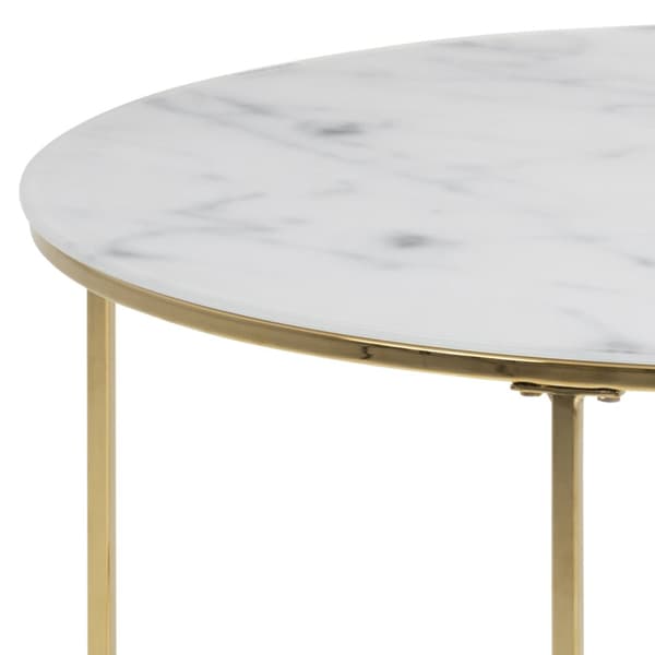 Bolt sofabord glass, hvit marmor print, gyllen krom stell.