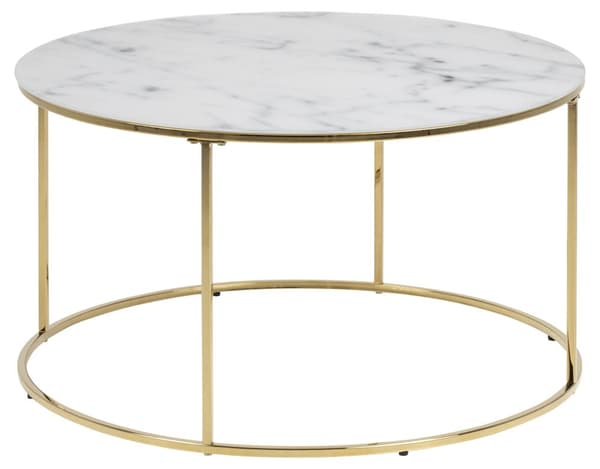 Bolt sofabord glass, hvit marmor print, gyllen krom stell.