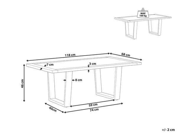 Sohvapöytä vaaleaa akaasiaa 46 x 68 x 118 cm ja jalat mustaa metallia rustiikkinen tyyli