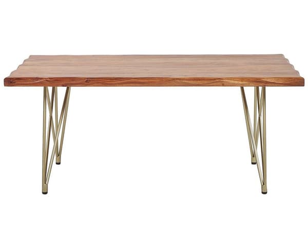 Soffbord Ljust trä Akacia Bordsskiva Metall Guld Ben Glamour Accent Kanter
