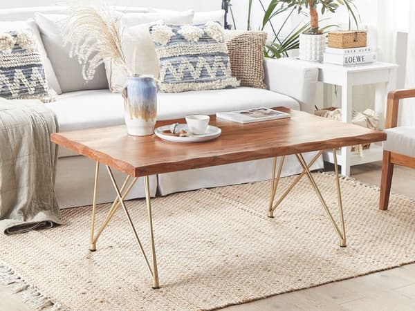 Soffbord Ljust trä Akacia Bordsskiva Metall Guld Ben Glamour Accent Kanter