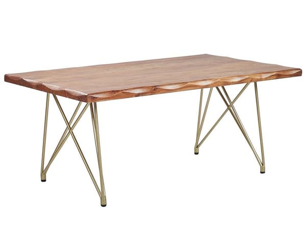Soffbord Ljust trä Akacia Bordsskiva Metall Guld Ben Glamour Accent Kanter