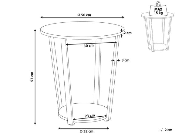 Sivupöytä tumma puu 50 x 50 x 57 cm MDF-levy mustat rautajalat pyöreä lisähylly