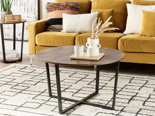 Sofabord Mørkt Træ med Sorte Industrielle Detaljer Rundt MDF Metalben 80 cm