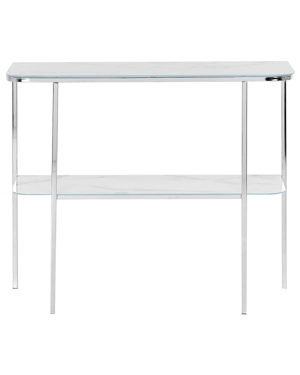 Konsolbord Vit Silver Härdat Glas Stål 100 x 33 cm Marmor Effekt Glam Modern Vardagsrum Sovrum Hall