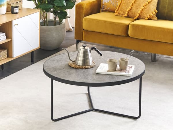 Soffbord Betong Effekt med Svarta Metallben Rund Stor 80 x 80 x 40 cm Vardagsrum Möbler