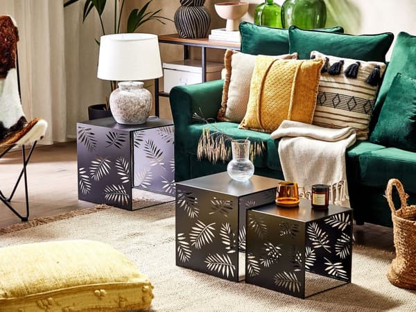 Set av 3 Soffbord Svart Metall Modern Lövmönster Vardagsrum