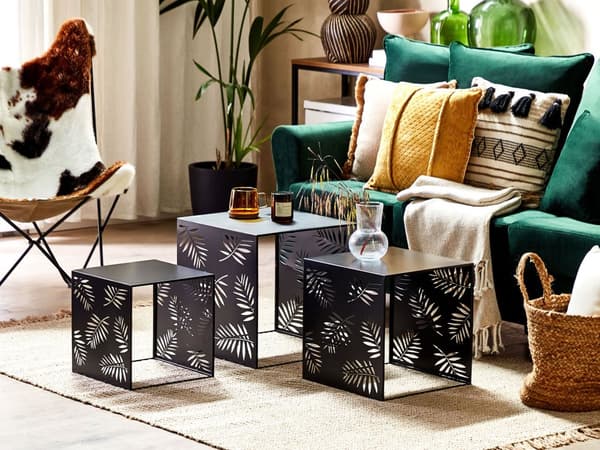Set av 3 Soffbord Svart Metall Modern Lövmönster Vardagsrum