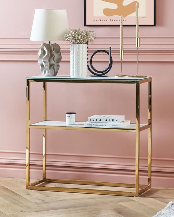 Konsolbord Vit med Guld Härdat Glas Rostfritt Stål 80 x 30 cm Hylla Rektangulär Glam Modern Vardagsrum Sovrum Hall