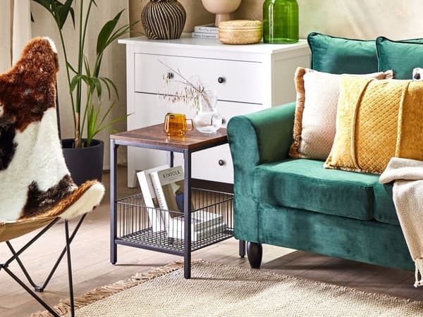 Sidebord Mørkt Træ med Sort Spånpladejern 40 x 40 cm med Kurv Firkantet Bordplade Moderne Industriel Stil til Stuen