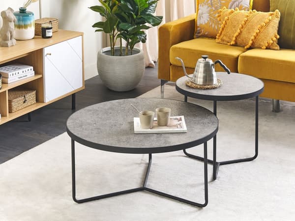 Sofaborde Beton Grå Sort Metal Stel Sæt 80 / 50 cm Dekorative Runde Indskudsborde Industrielt Design Sideborde Stue Tilbehør Inspiration
