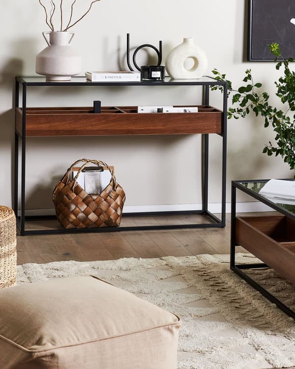 Konsol Mörk Trä med Svart Glasskiva Metallram Förvaringsfunktion Rektangulär Modern Design