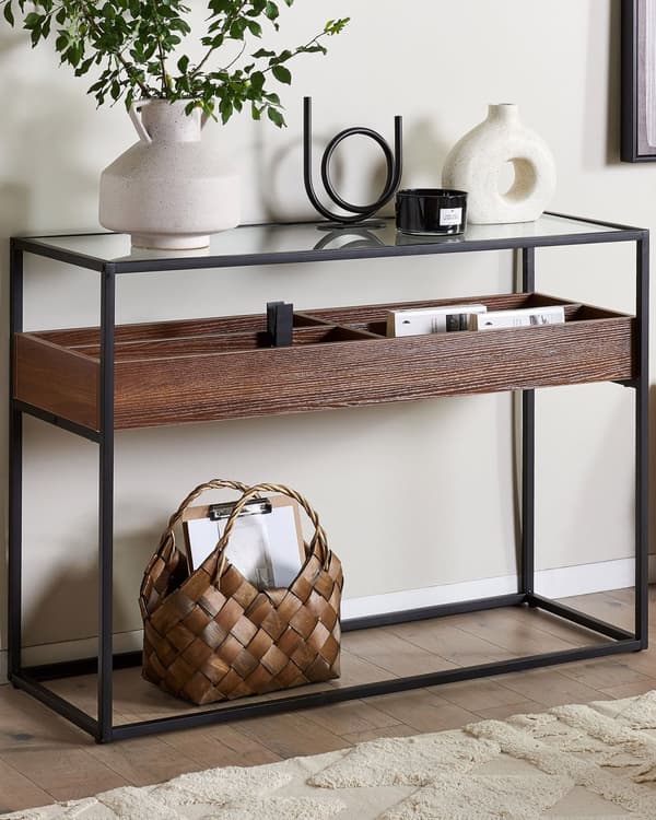 Konsol Mörk Trä med Svart Glasskiva Metallram Förvaringsfunktion Rektangulär Modern Design