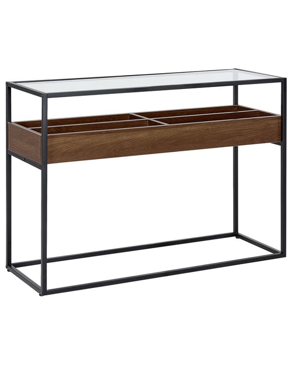 Konsol Mörk Trä med Svart Glasskiva Metallram Förvaringsfunktion Rektangulär Modern Design