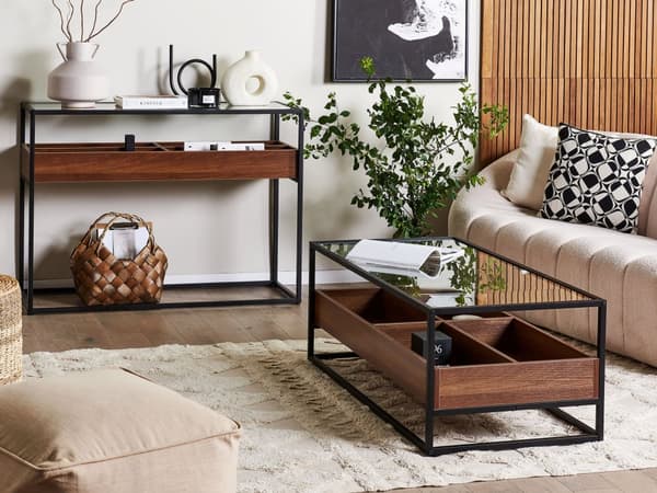 Sofabord mørkt træ med sort glasplade Metalstel Opbevaringsfunktion Rektangulært moderne design